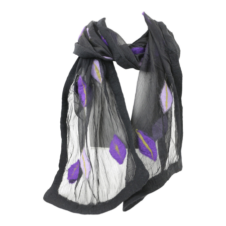 Sjaal vilt rand en blaadjes zwart