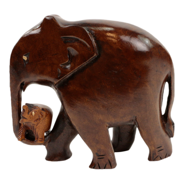 Holzelefant mit Baby auf dem Rüssel M