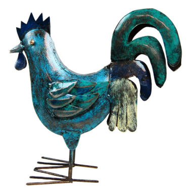 Statue metal rooster proud blue/grey/green S