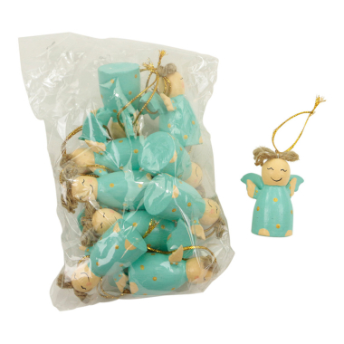 Ornament hout kerst engel turquoise set10