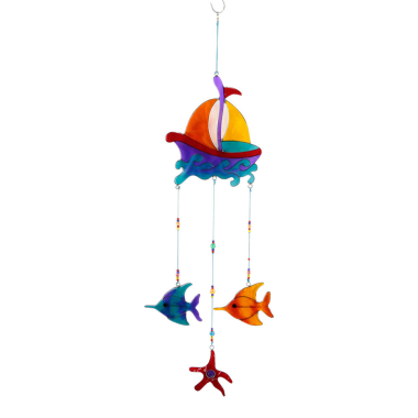 Ornament-Schiff aus Kunstharz mit Meerestieren, mehrfarbig.