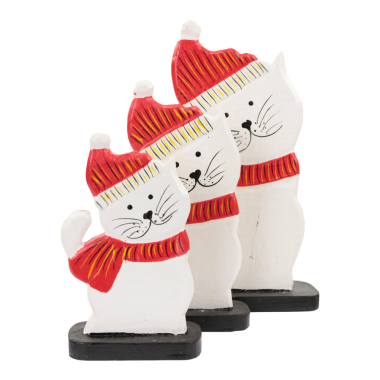 Skulptur Holz Weihnachtskatze weiß Set 3