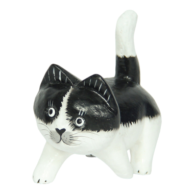 Statue wood cat walking black/white S