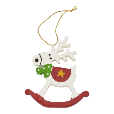 Ornament hout kerst schommelstoel rendier wit