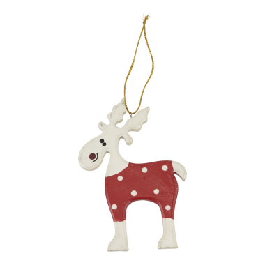 Ornament hout kerst rendier rode kleren/stippen