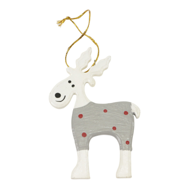 Ornament hout kerst rendier grijze kleren en stippen