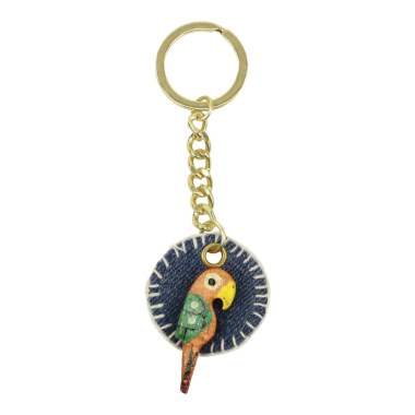 Sleutelhanger hout papegaai/jeansstof rondje