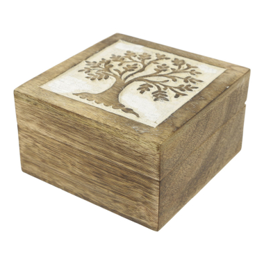 Storage box wood tree of life white wash