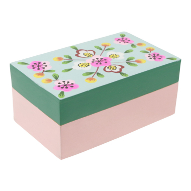 Opbergdoos hout bloemen groen L