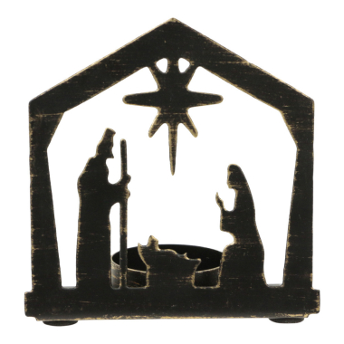 Waxinelichthouder ijzer kerststal zwart/goud