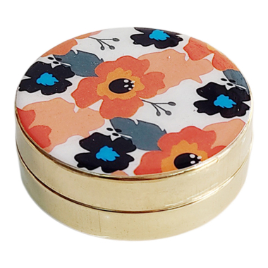 Pillendoos messing bloemen blauw/roze