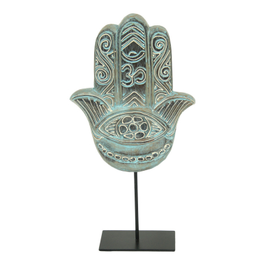Beeld hout hand op standaard turquoise