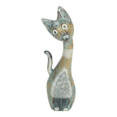 Beeld hout kat lang turquoise L