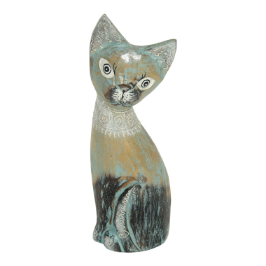 Beeld hout kat turqouise M