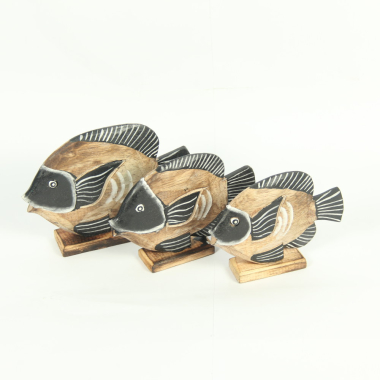 Beeld hout vis naturel zwart Set 3