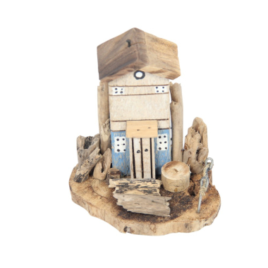Beeld drijfhout huisje blauw wit