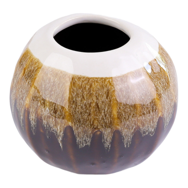 Vaas keramiek dip glazuur rond bruin/wit S