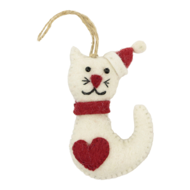 Ornament vilt kerst kat kerstmuts wit