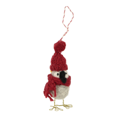 Ornament vilt kerst vogel staand met muts en sjaal rood