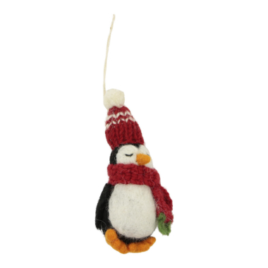 Ornament vilt kerst penguin muts/sjaal rood