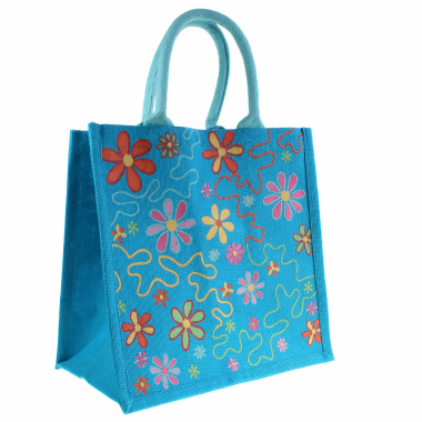 Tas jute bloemen blauw