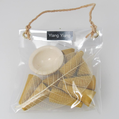 Wierook, 10 kegeltjes in tasje + ker.houder, Ylang