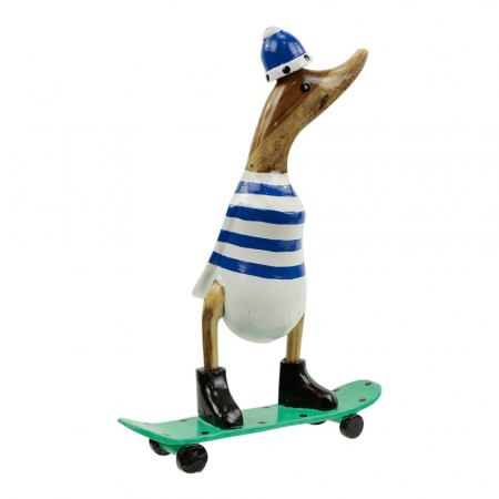 Houten eend met skateboard blauw