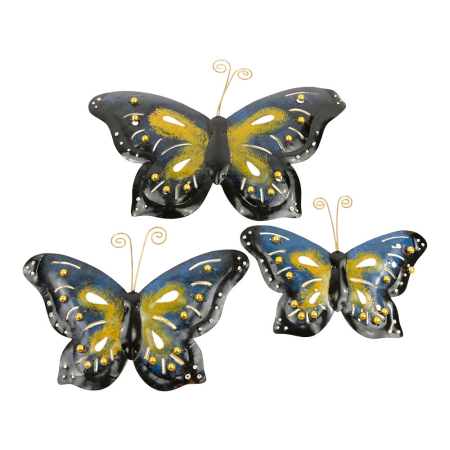 Wanddecoratie metaal vlinder dots blauw set3