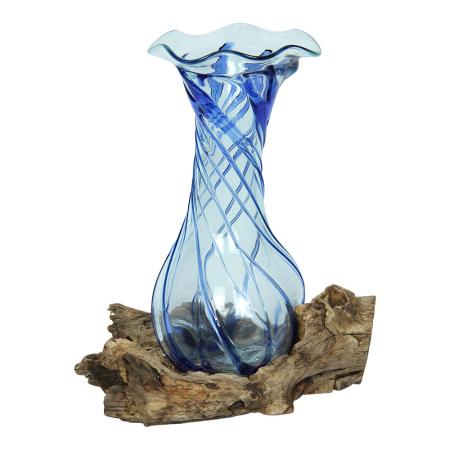 Vase glass/driftwood lines blue L