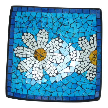 Schaal terracotta mozaiek vierkant madeliefje blauw L