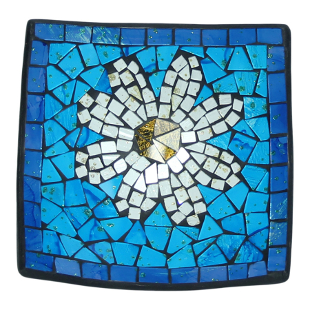 Bord terracotta mozaiek vierkant madeliefje blauw S