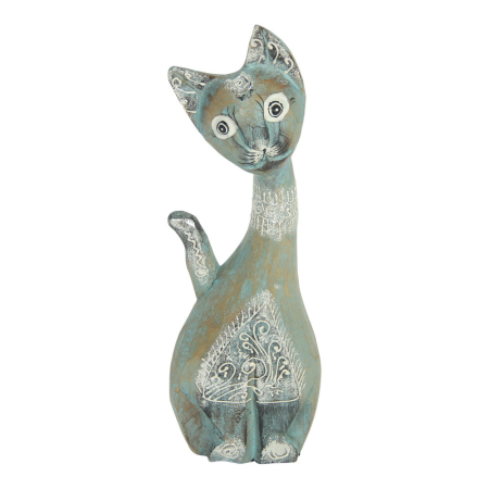 Beeld hout kat lang turquoise S