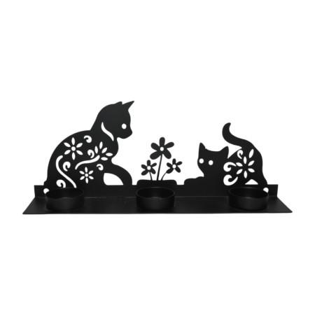 Waxinelichthouder metaal katten spelend zwart