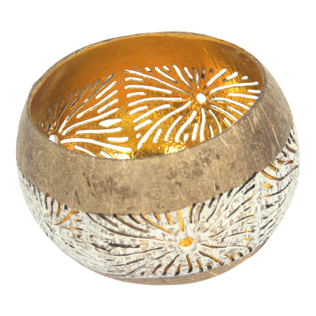 Waxinelichthouder kokosnoot zon white wash S