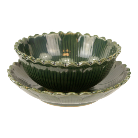 Kop met schotel keramiek rond bloem groen
