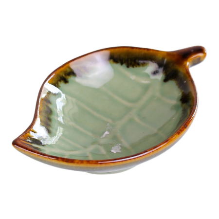Theeschaaltje keramiek dip glazuur blad groen/bruin L
