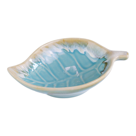 Theeschaaltje keramiek dip glazuur blad turquoise/beige L