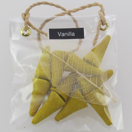 Wierook, 10 kegeltjes in tasje + ker.houder, Vanilla