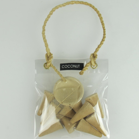 Wierook, 10 kegeltjes in tasje + ker.houder, Coconut