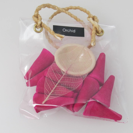 Wierook, 10 kegeltjes in tasje + ker.houder, Orchid