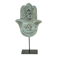 Beeld hout hand op standaard turquoise