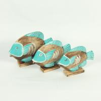 Beeld hout vis naturel turq. Set 3