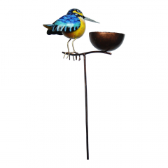 Tuinsteker metaal vogel met voederschaal blauw/geel