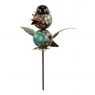 Metalen tuinsteker vogel met groot hoofd en hoed