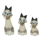 Beeld hout kat wit blauwe ogen set 3